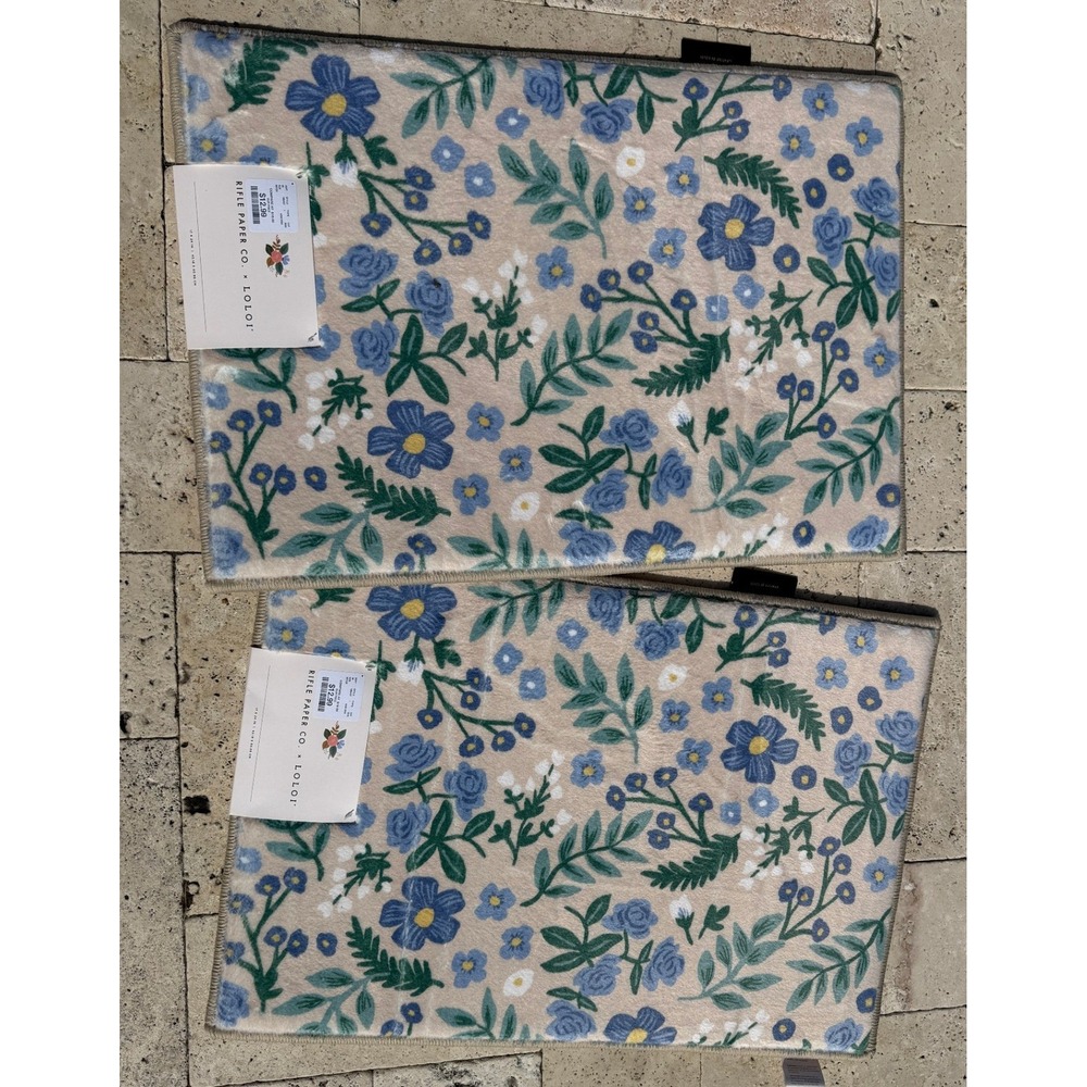 Rifle Paper Co x‎ Loloi Delilah Bath Rug Set of 2 Blue Floral 17x24 Cream New